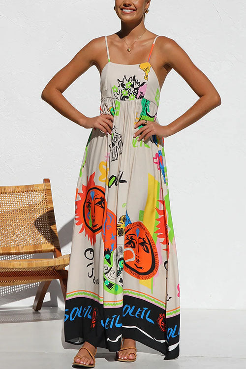 Rosiedress Tie Back Cut Out Graffiti Print Flowy Maxi Cami Dress Print