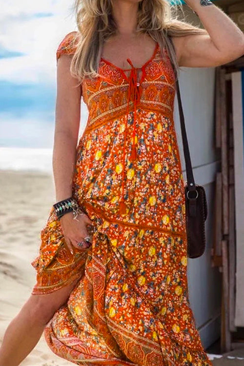 Rosiedress Tassel V Neck Bohemia Printed Maxi Beach Dress Orange