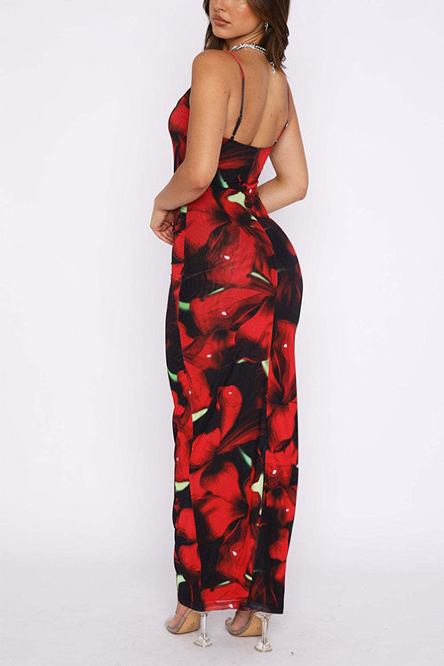 Rosiedress U Neck Hibiscus Print Bodycon Maxi Cami Dress