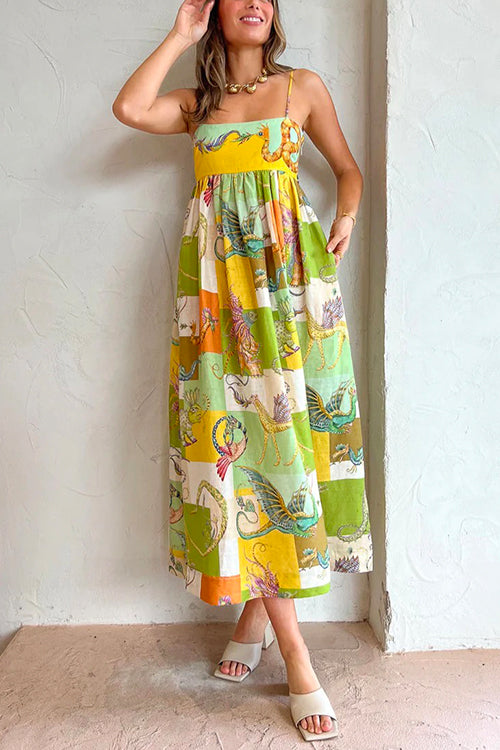 Rosiedress Bow Knot Back Dinosaur Printed Cami Maxi Holiday Dress Printed