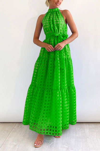 Mockneck Tie Waist Ruffle Tiered Plaid Mesh Maxi Swing Dress Green