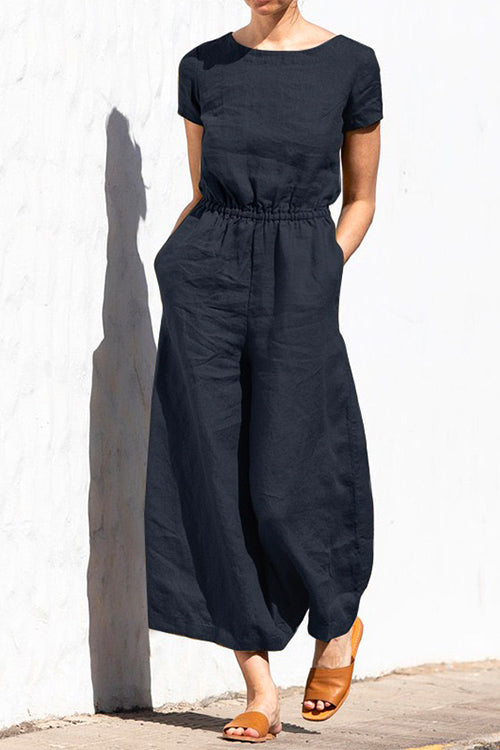 Rosiedress Short Sleeve High Waist Wide Leg Slouchy Jumpsuit Black