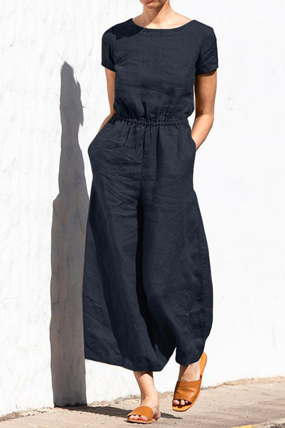 Short Sleeve High Waist Wide Leg Slouchy Jumpsuit Black