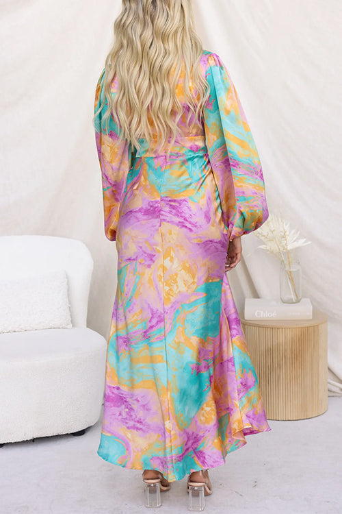 V Neck Long Sleeves Cut Out Printed Maxi Dress