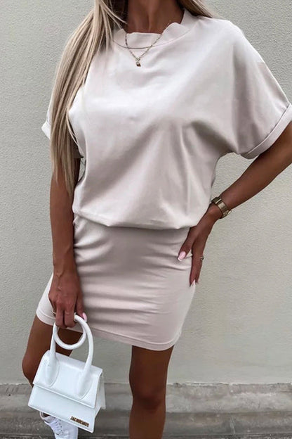 Crewneck Short Sleeve Waisted Solid Mini Dress Apricot