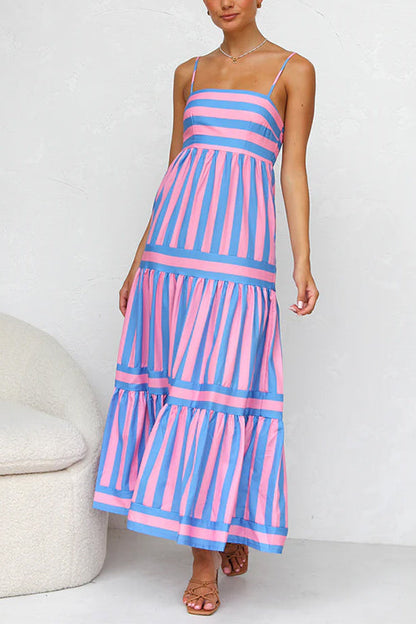 Rosiedress Spaghetti Strap Tiered Color Block Striped Maxi Dress