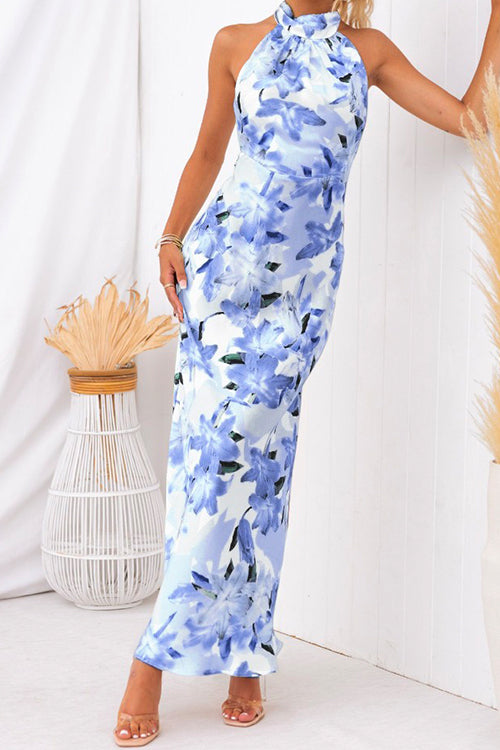 Rosiedress Tie Neck Backless Floral Printed Maxi Flowy Dress Blue