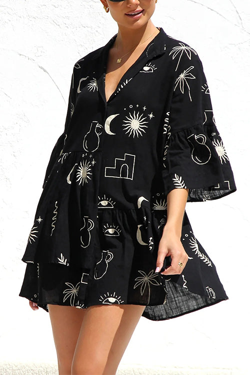 Rosiedress Flare Sleeves Button Down Graffiti Print Ruffle Shirt Dress Black