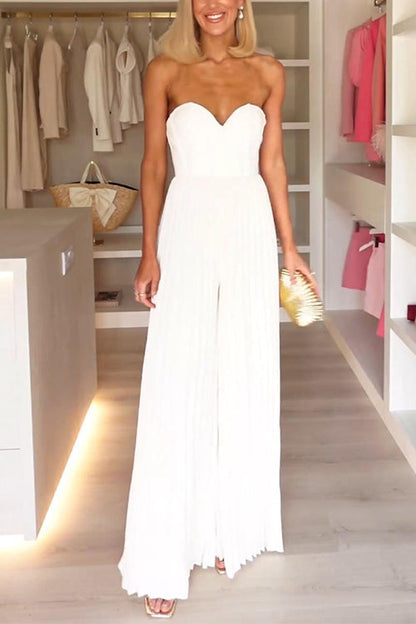 Strapless Corset Pleated Wide Leg Jumpsuit Cream