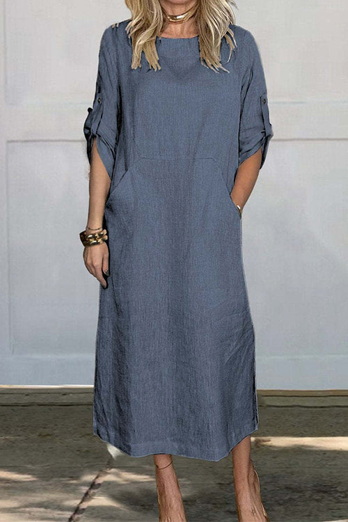 Rosiedress Rolled Up Sleeves Pocketed Cotton Linen Maxi Shift Dress Blue