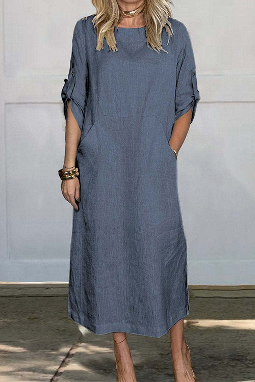 Rolled Up Sleeves Pocketed Cotton Linen Maxi Shift Dress Blue