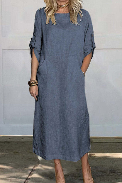 Rolled Up Sleeves Pocketed Cotton Linen Maxi Shift Dress Blue