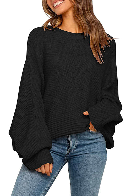 Batwing Long Sleeves Ribbed Knit Tunic Sweater Black