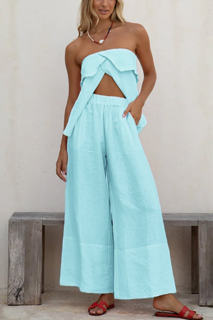 Rosiedress Strapless Ruffle Slit Top Elastic Waist Wide Leg Pants Set LightBlue