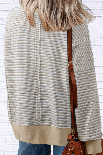 Stripe Ribbed Trim Drop Shoulder Long Sleeve Oversize Top