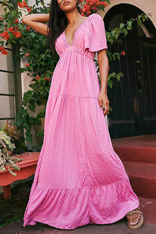 V Neck Flutter Sleeves Backless Ruffle Maxi Dress Pink