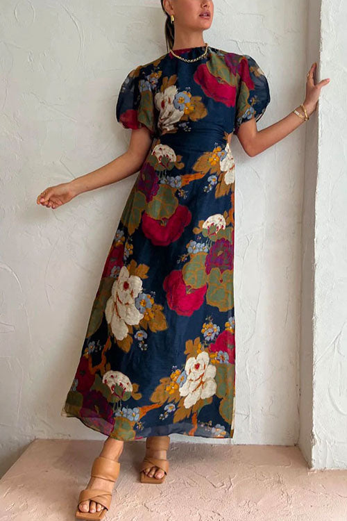 Rosiedress Puff Sleeve Cut Out Waist Floral Maxi Swing Dress