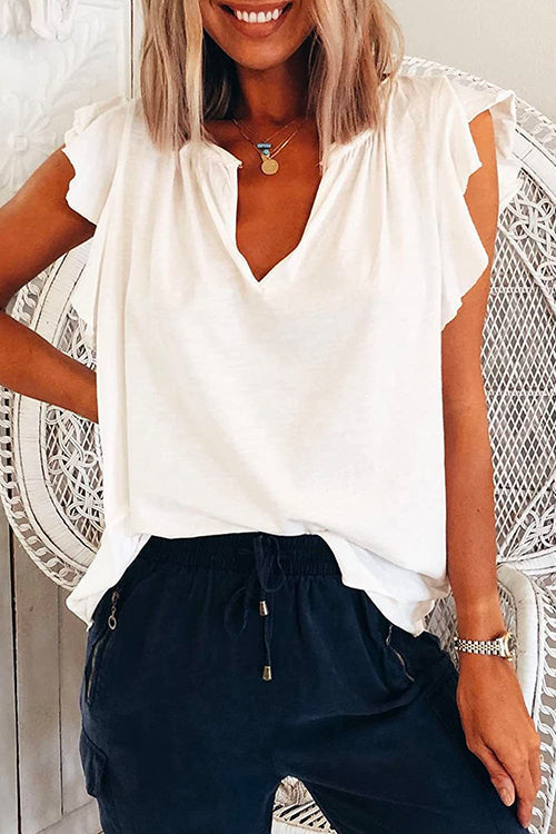 V Neck Solid Ruffle T-shirt White