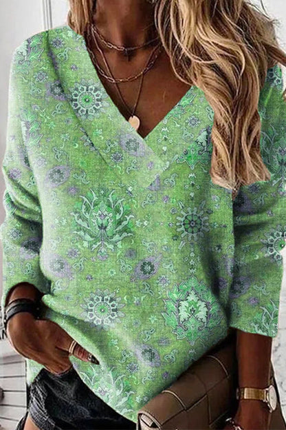 Rosiedress V Neck Long Sleeves Unique Print Top