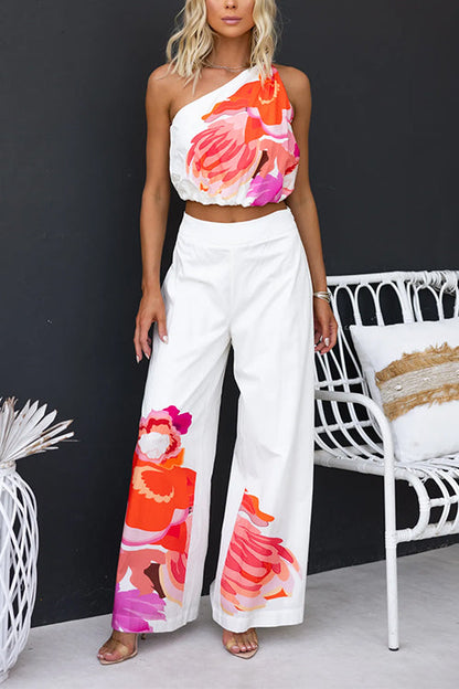 One Shoulder Sleeveless Crop Top Wide Leg Pants Printed Set White