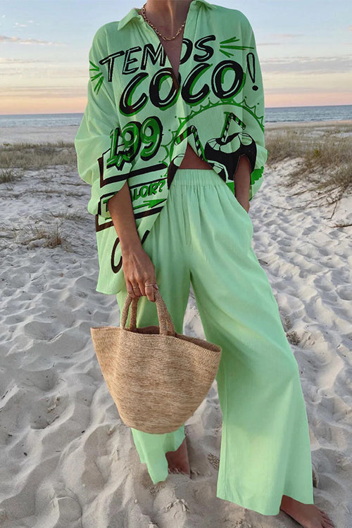 Rosiedress Long Sleeves Button Up Shirt Wide Leg Pants Printed Holiday Set Green