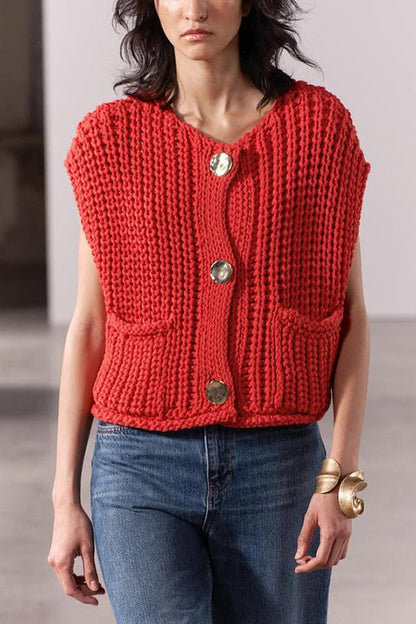 Rosiedress Gold Buttons Pocketed Chunky Sweater Vest