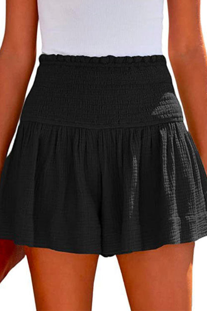 Elastic Smocked Waist Wide Leg Solid Shorts Black