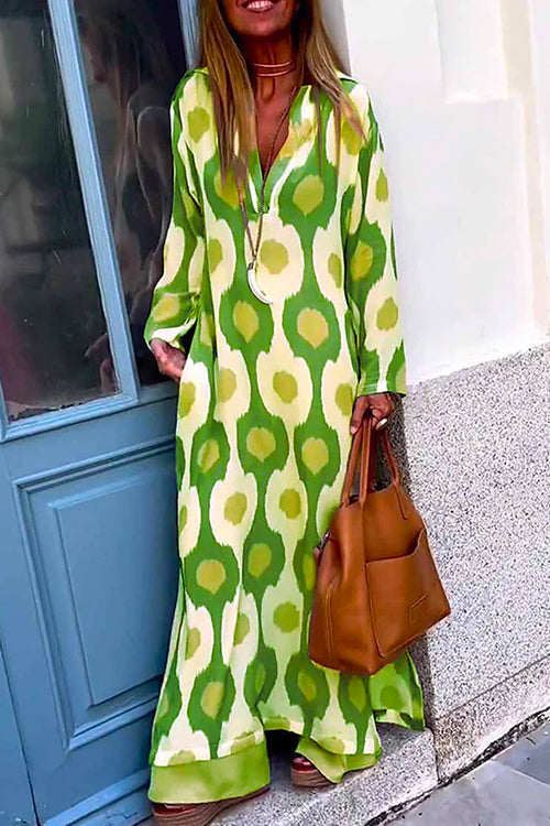 Rosiedress V Neck Side Split Printed Maxi Holiday Dress Green