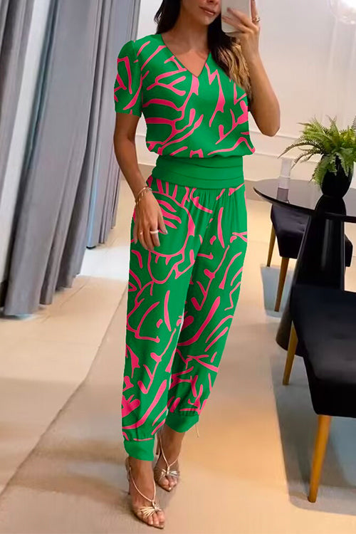 V Neck Short Sleeve Tunic Top High Waist Harem Joggers Printed Set Green