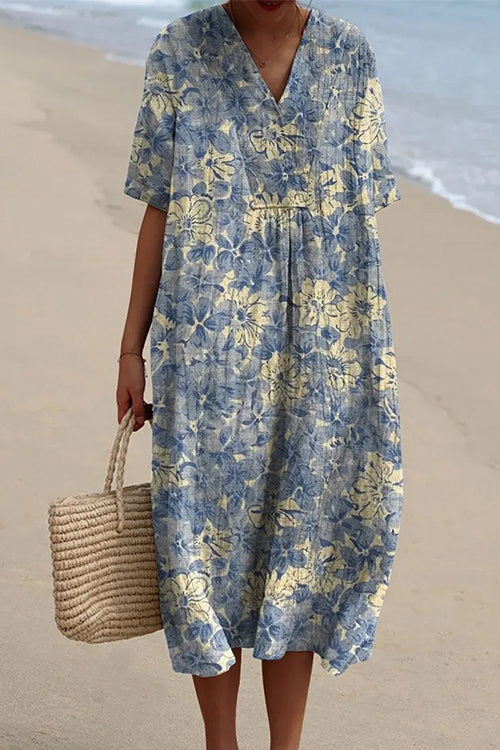 V Neck Short Sleeves Floral Print Loose Midi Vacation Dress Blue