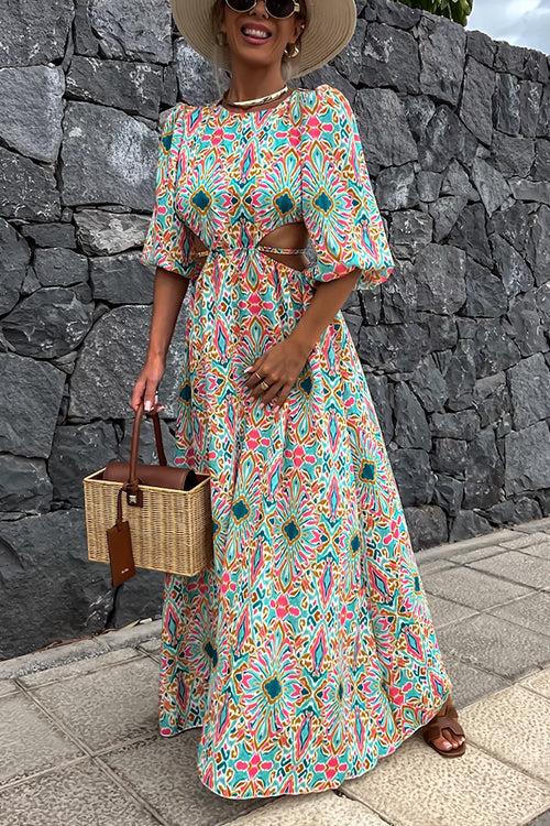 Rosiedress Puff Sleeves Backless Lace-up Printed Maxi Vacation Dress