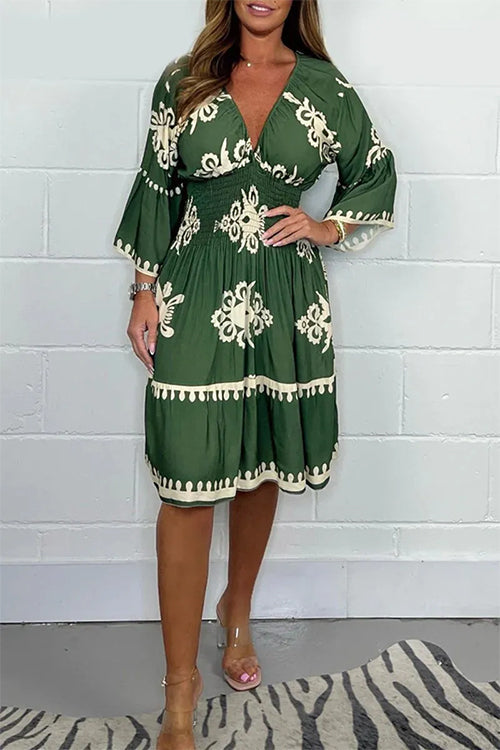 V Neck 3/4 Sleeves High Waist Printed Dress Green