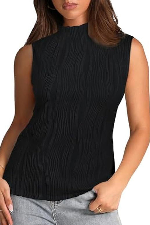 Rosiedress Sleeveless Mockneck Textured Summer Top Black