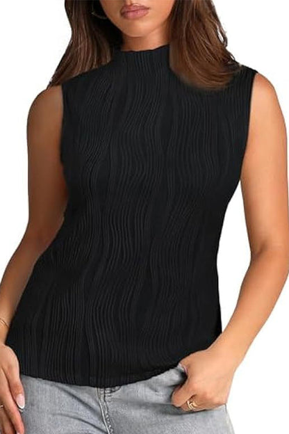 Rosiedress Sleeveless Mockneck Textured Summer Top Black