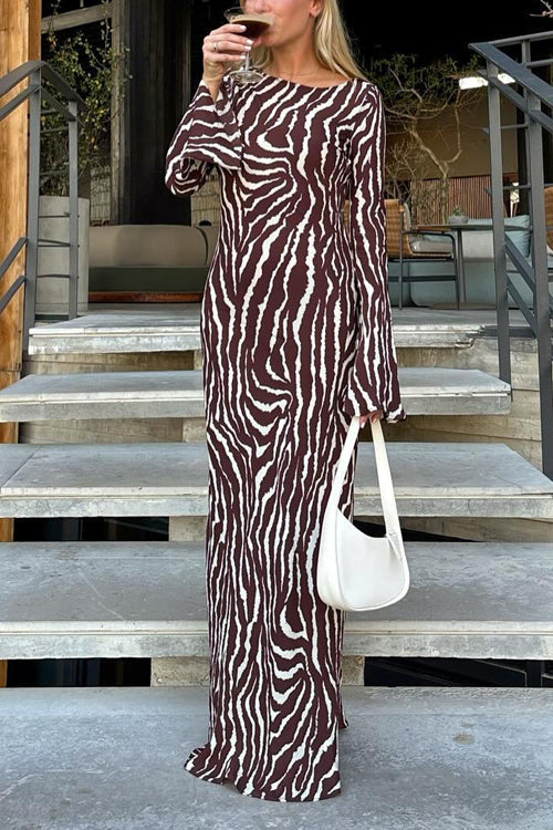 Rosiedress Boat Neck Bell Sleeves Animal Print Maxi Dress