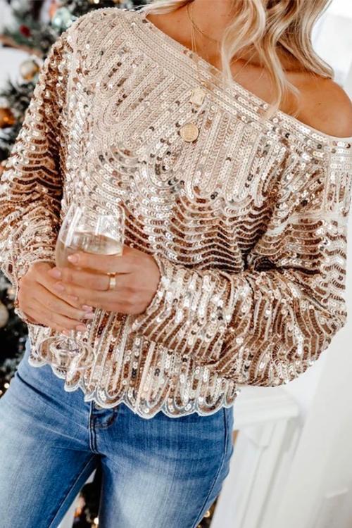 Rosiedress Crewneck Long sleeve Sparkly Sequin Tops Gold