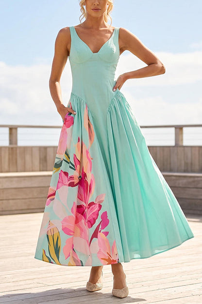 V Neck Sleeveless Basque Waist Floral Print Maxi Dress
