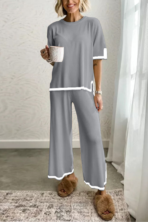 Color Block Short Sleeves Side Split Pullover Wide Leg Pants Knitting Loungewear Set Gray