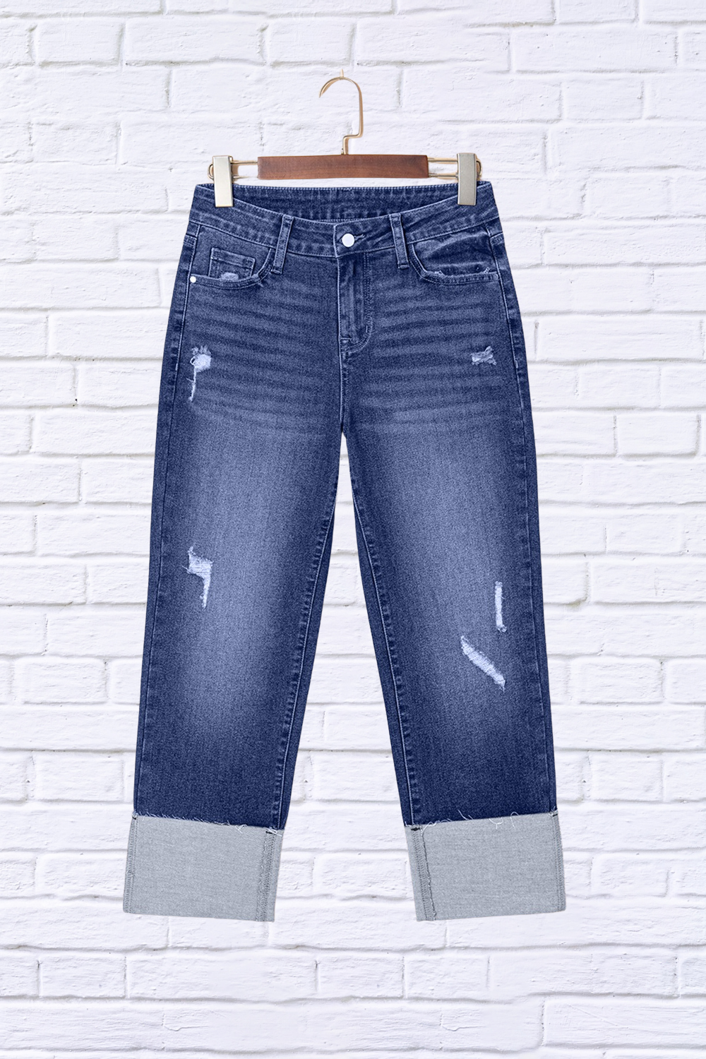 Folded Cuffs Distressed Straight High Waist Jeans