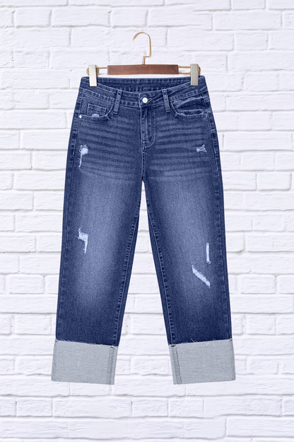 Folded Cuffs Distressed Straight High Waist Jeans