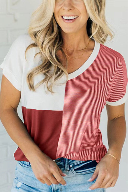 V Neck Stripe Splice Color Block T-shirt Red