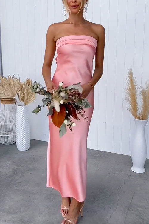 Backless Tube Top Solid Satin Maxi Party Dress Pink