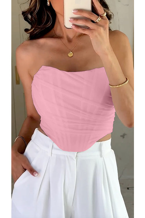 Strapless Off Shoulder Mesh Corset Top Pink