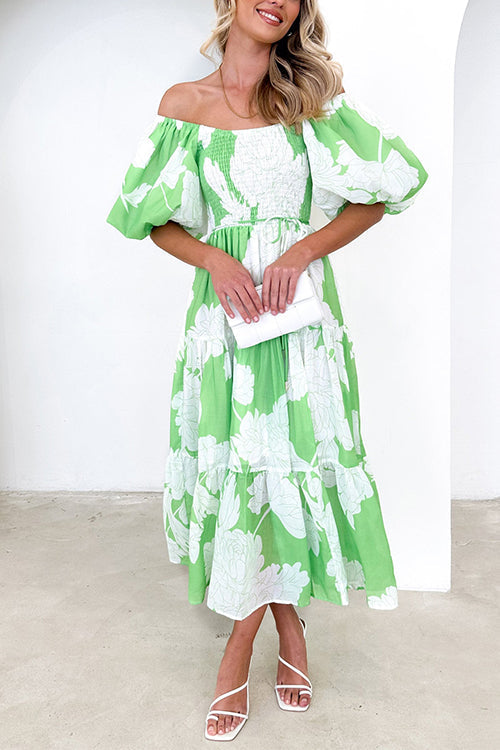 Off Shoulder Puff Sleeves Tiered Printed Midi Swing Dress Green