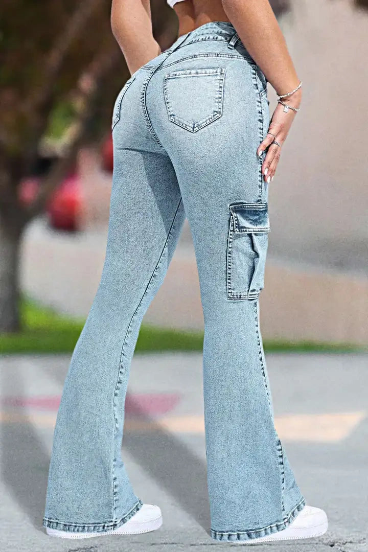Multi Pocket Double Button Mid Rise Flare Cargo Jeans