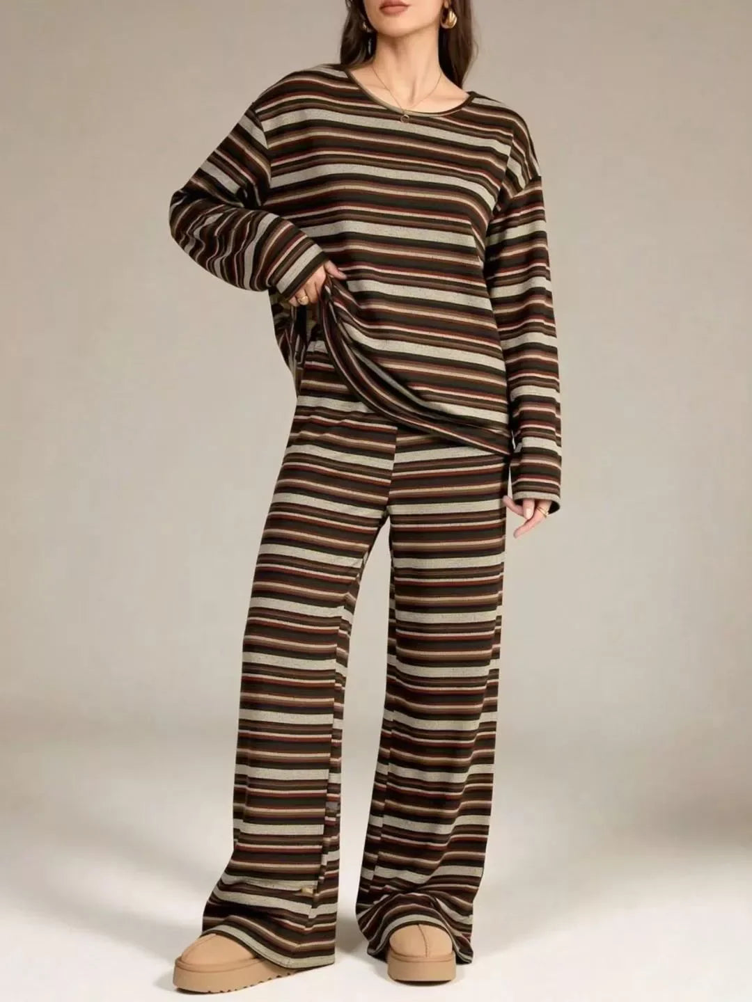 Striped Long-Sleeve Top and Wide-Leg Pants Set