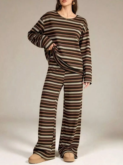 Striped Long-Sleeve Top and Wide-Leg Pants Set