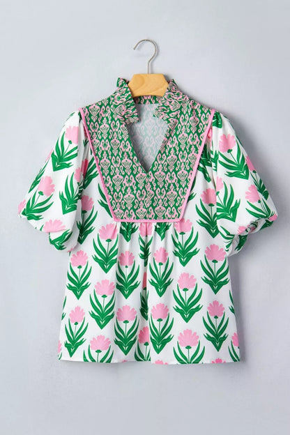 Multicolour Floral Print Puff Sleeve Contrast Bordered V Neck Blouse