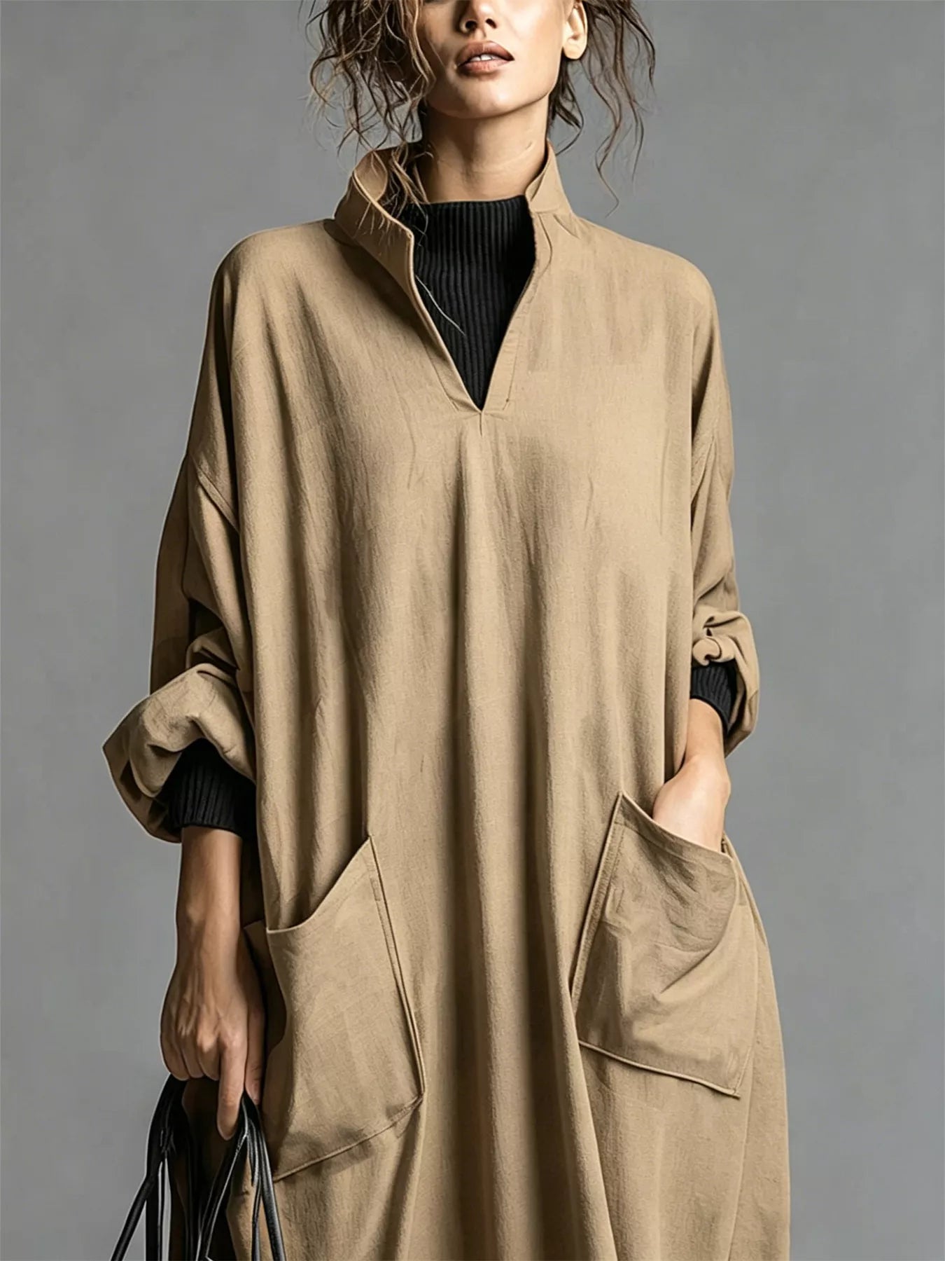 Full Size Loose-Fit Mock Neck Midi Dress with Pockets Plus Size
