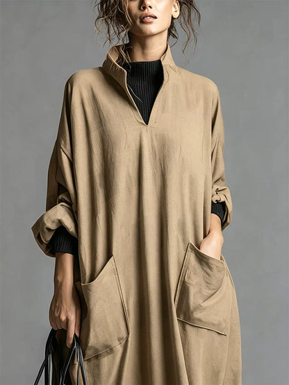 Full Size Loose-Fit Mock Neck Midi Dress with Pockets Plus Size